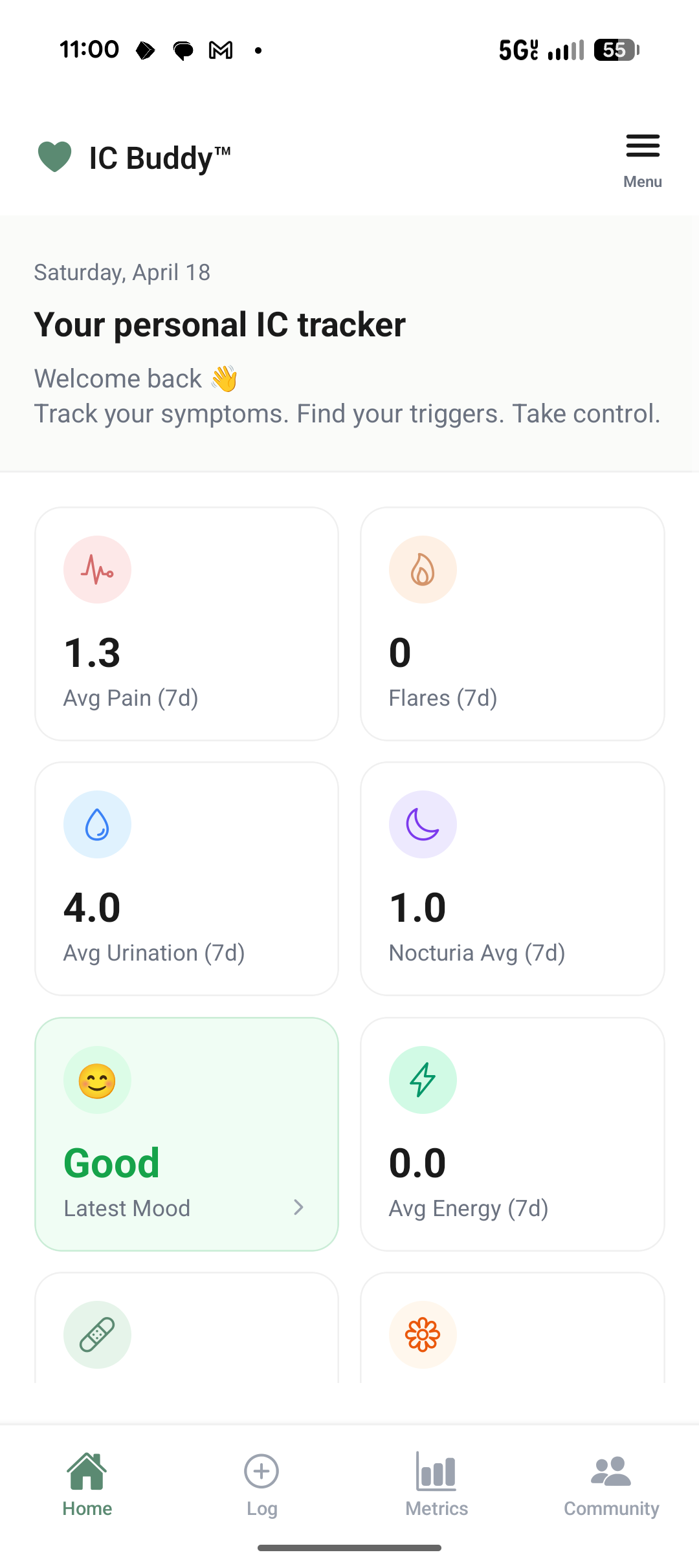 IC Buddy dashboard showing average pain, flare count, urination and nocturia metrics