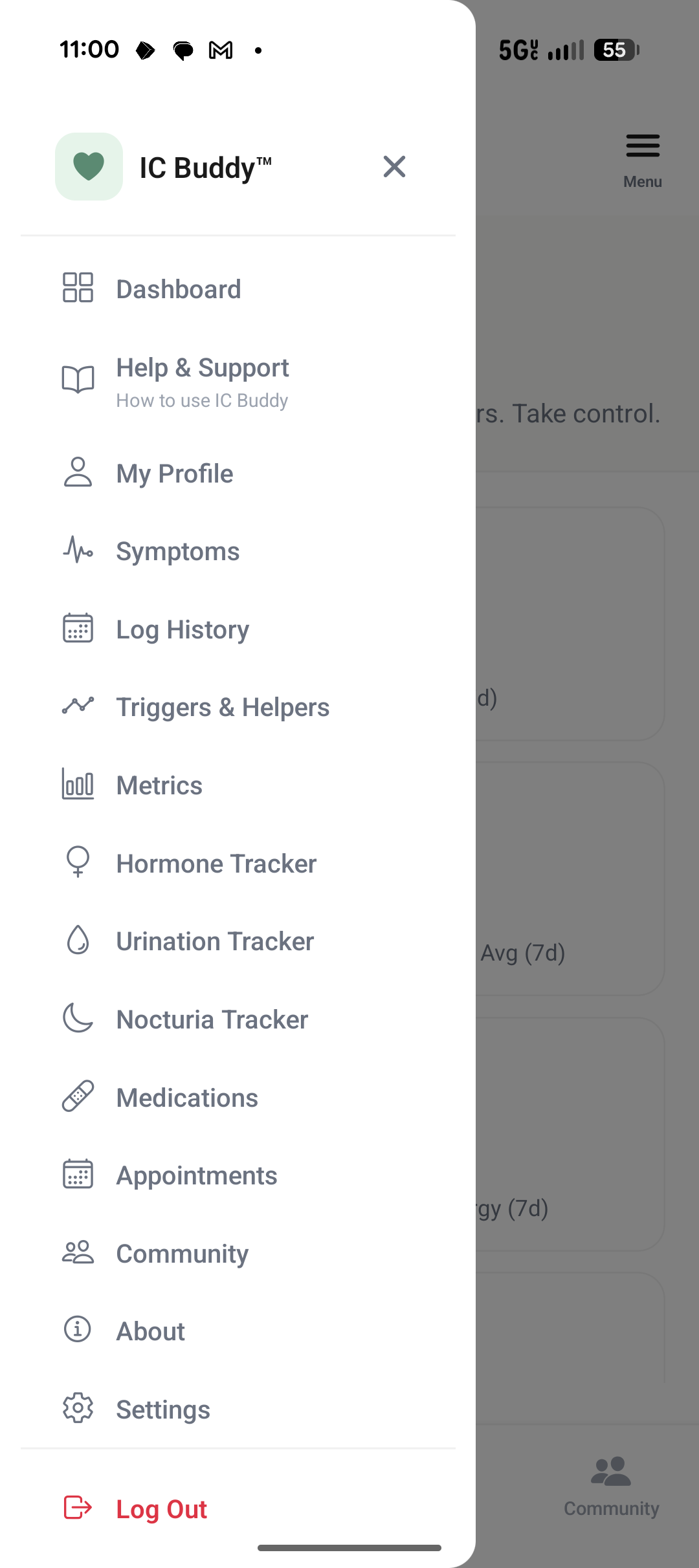 Side menu with dashboard, symptoms, log history, triggers and helpers, metrics and more