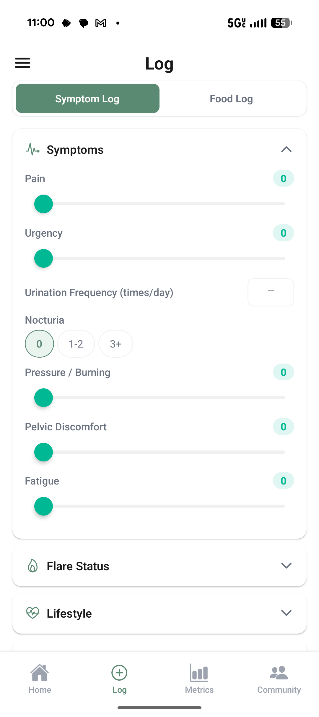 Symptom log with sliders for pain, urgency, pressure, pelvic discomfort, fatigue and nocturia options