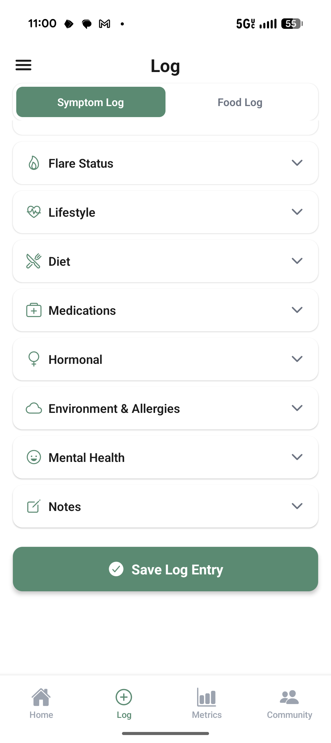 Expanded log sections for flare status, lifestyle, diet, medications, hormonal, environment, mental health and notes